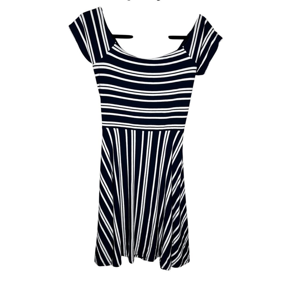 Loft Dress Women's Small Blue White Striped Mini Knit Square Neck Cut Out Back